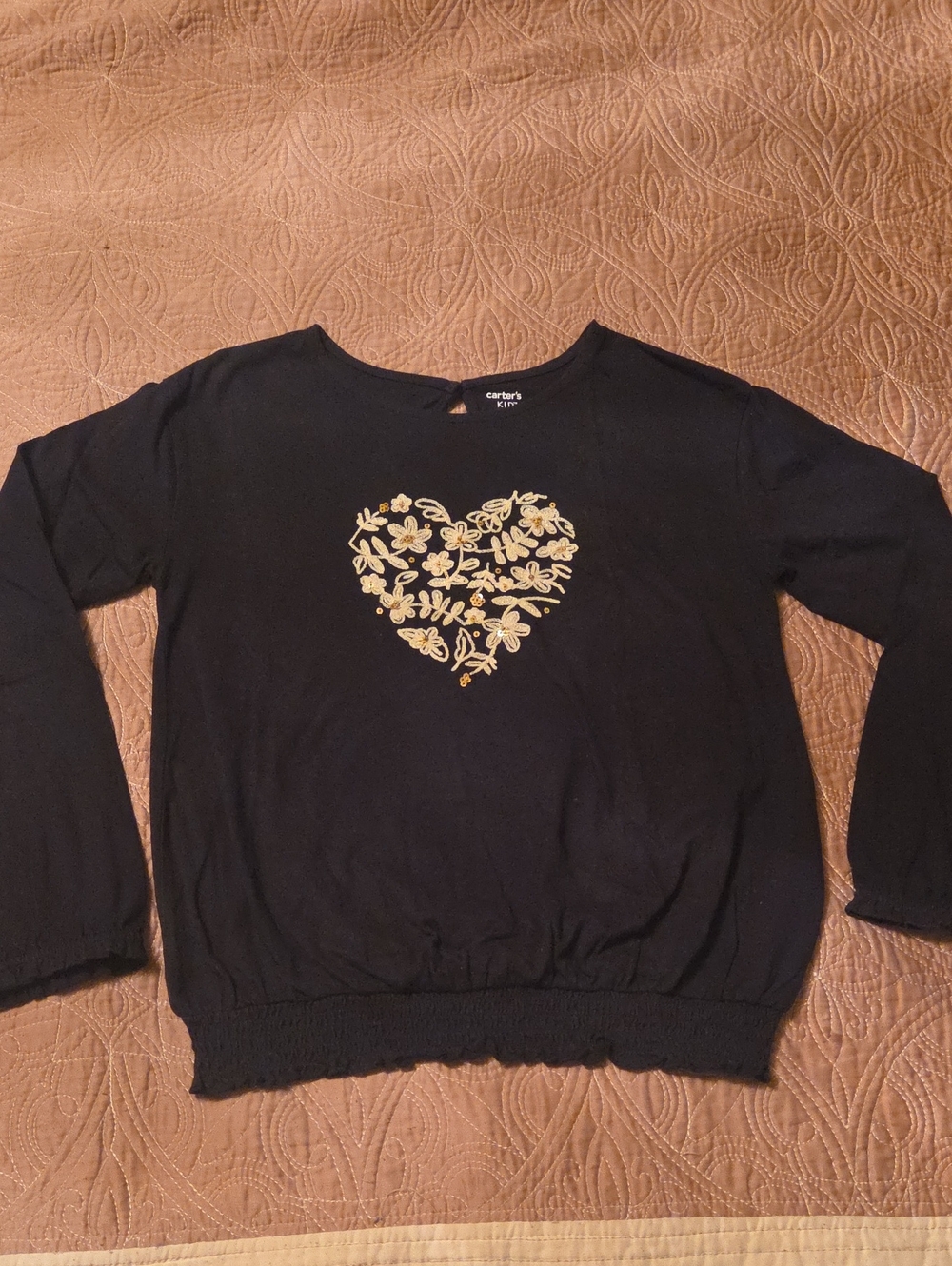 Carter's Navy Blue Long-Sleeve Top with Gold And White Floral Heart